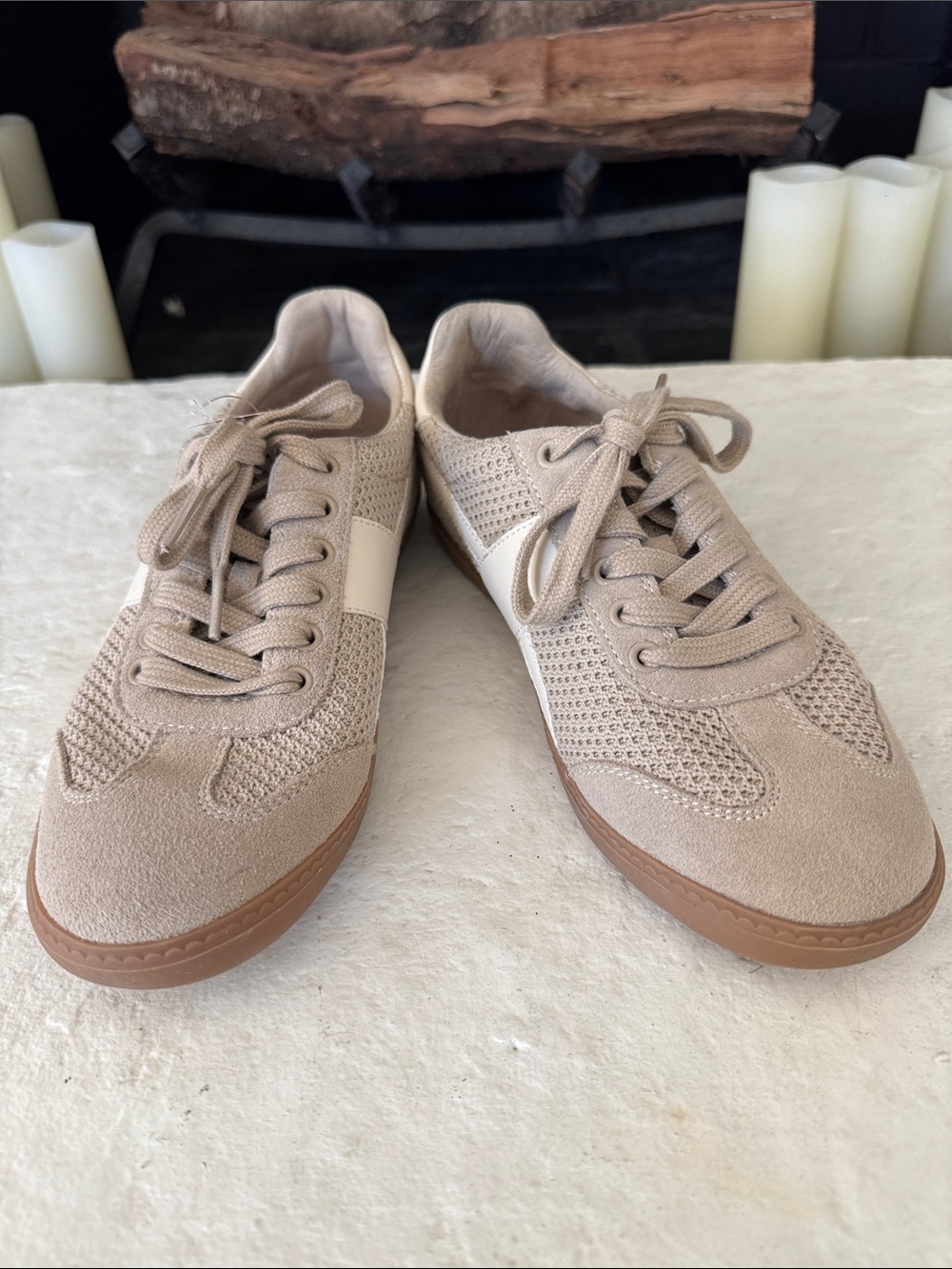 Gentle Souls Women's Beige Knit & Suede Sneakers with Creme Side Accent